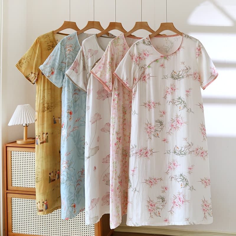 Bamboo Fiber Short-Sleeved Dress Women's Spring and Summer Loungewear Chinese Style Double-Layer Yarn Sweet Casual Vintage Pajamas for Outerwear