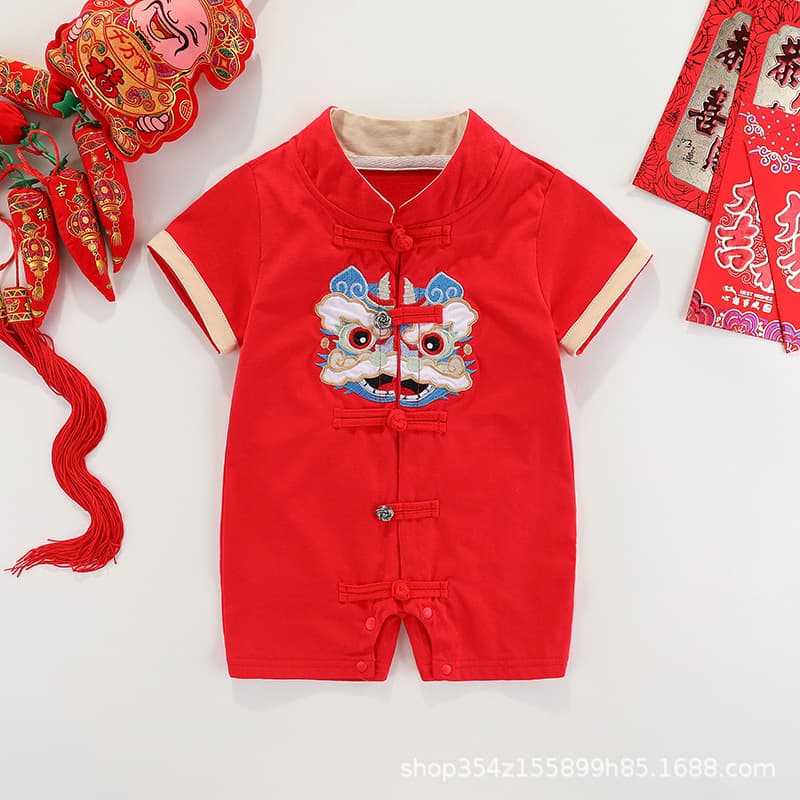 Newborn Baby Summer Outfit Full Moon Dress 1-Year-Old Birthday Suit Chinese Style Red 100-Day Celebration Romper