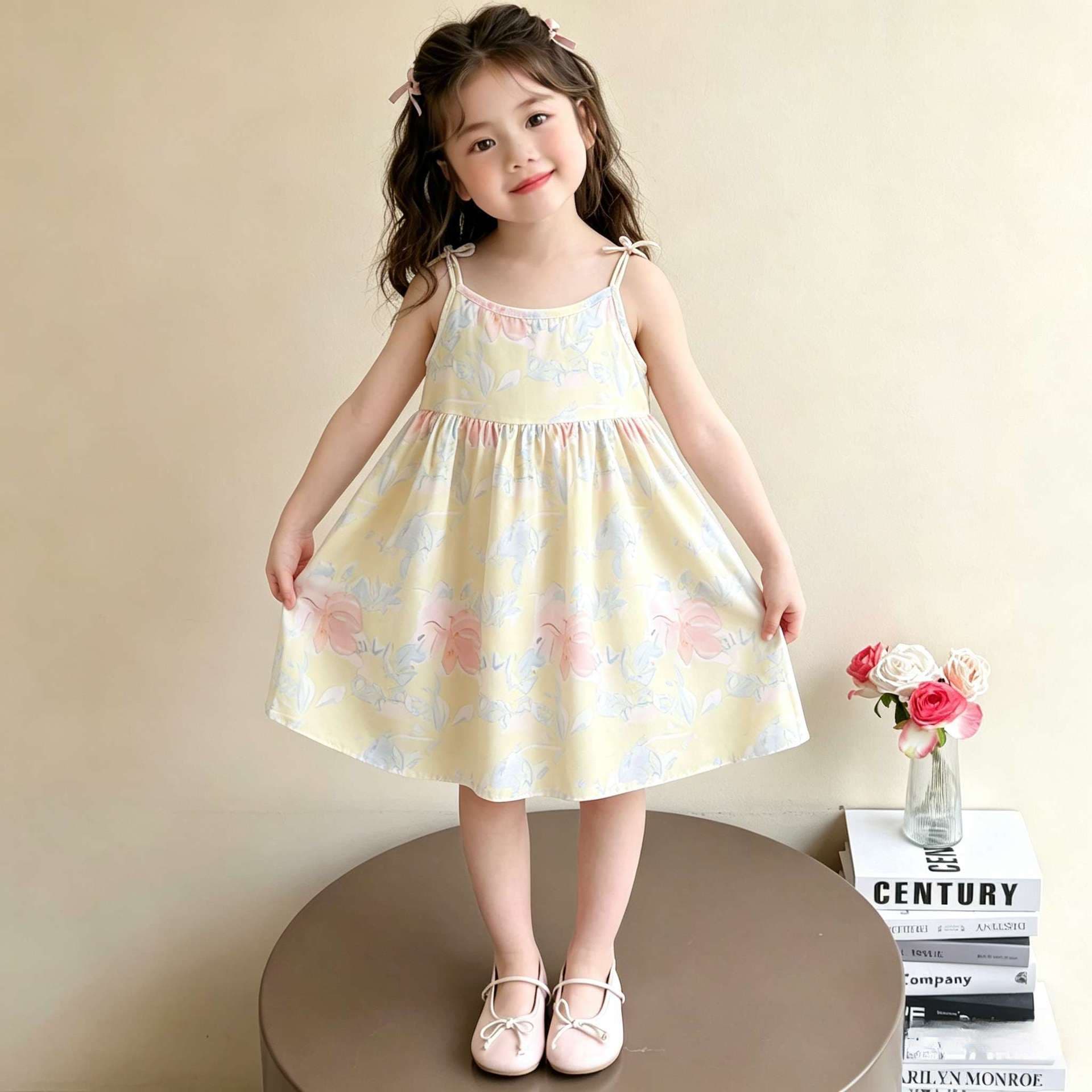 Girls Summer New Princess Dress Vacation Style Korean Children Fashionable Floral Print Strappy Vest Dress