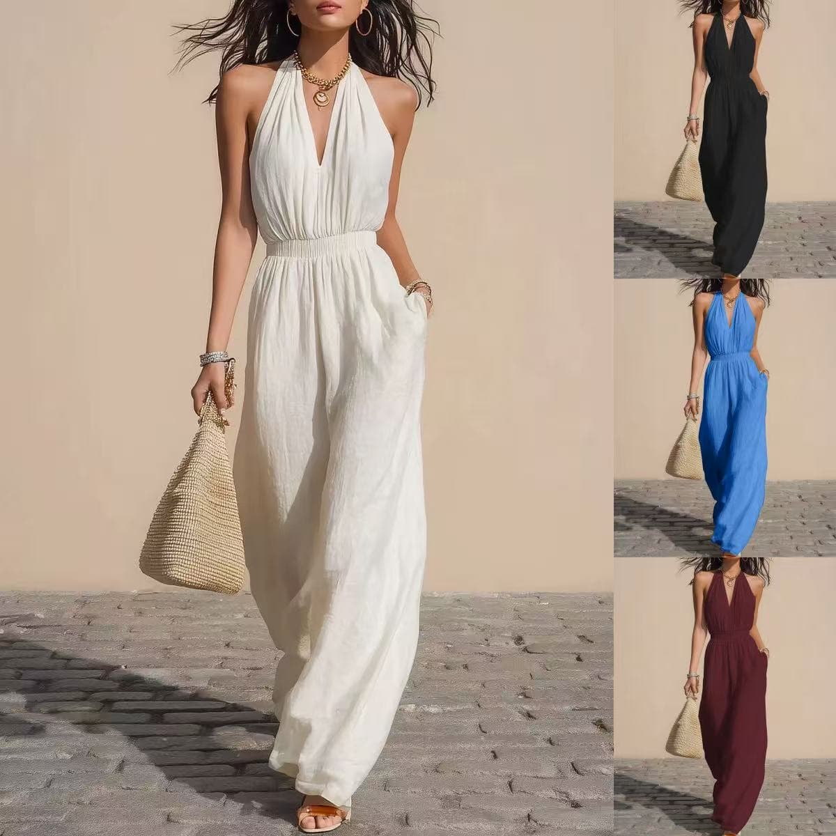In Stock JYF2026 European and American Independent Station Amazon Halter V-Neck Slim Fit Jumpsuit Wide Leg Pants Simple Commuter Set