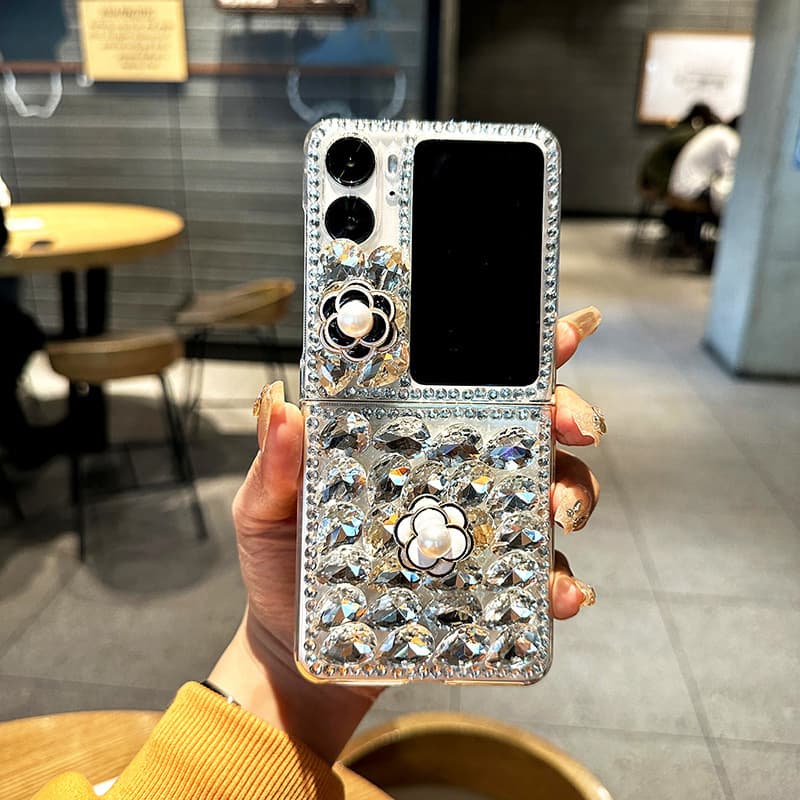 Pearl Camellia Case for OPPO Find N3 Flip, Foldable Screen Luxury Full Diamond Goddess Shockproof Cover