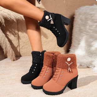 Martin Boots Women 2026 Autumn Winter New Style European American Fashion Chunky Heel Women's High Heel Wool Knit Collar Short Ankle Fashion Boots Women