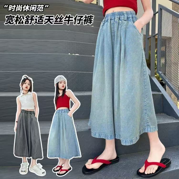 Girls Summer Thin Tencel Jeans Wide Leg Capri Pants for Teenagers