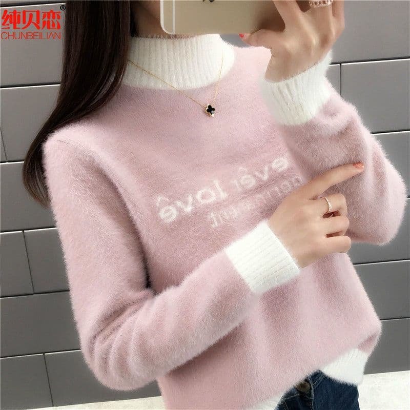 Faux Mink Fur Sweater Women's Semi-High Neck Autumn/Winter Style Thickened Student Short Loose Korean Versatile Knit Base Shirt