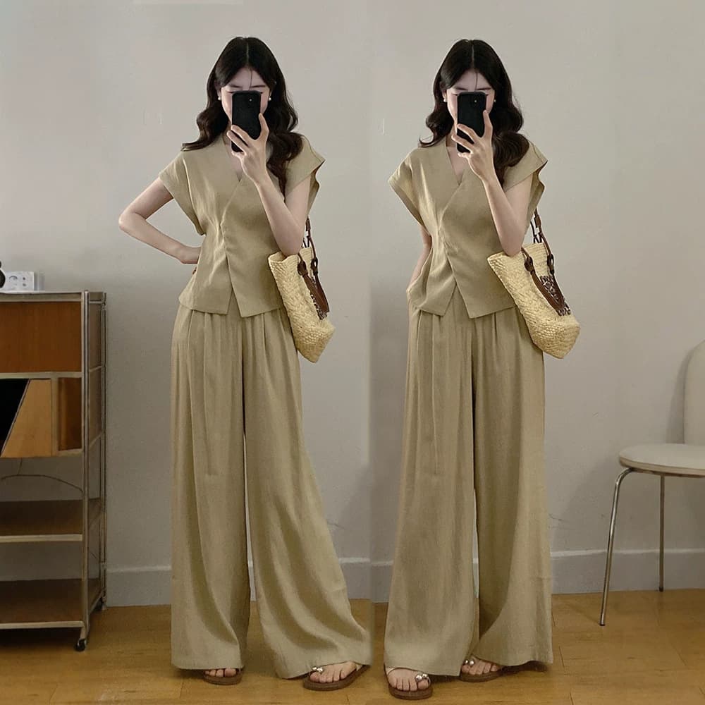 Plus size women's clothing, old money style design, high-end style, slim suit, short-sleeved wide-leg pants two-piece set
