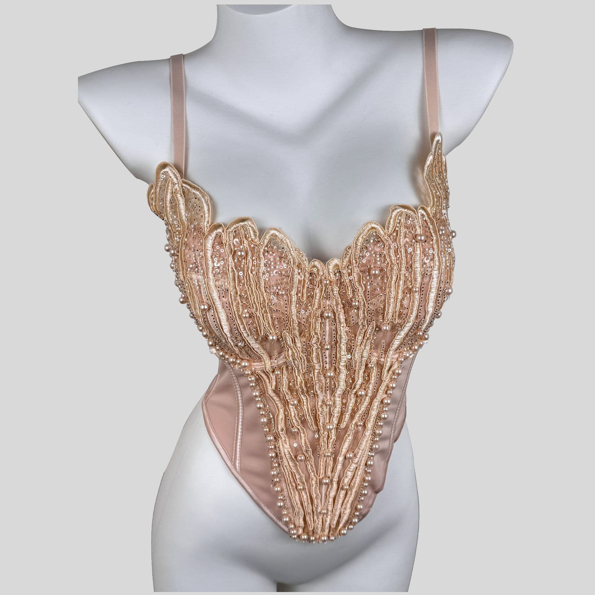Luxury High-End Evening Stage Performance Camisole Top with Heavy Lace Applique Embroidery, Beaded, and Corset Boning
