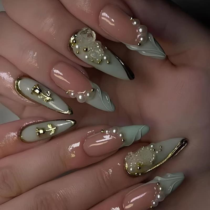 Green French 3D Wavy Rose Pearl Boho Ins Style Removable Nail Tips