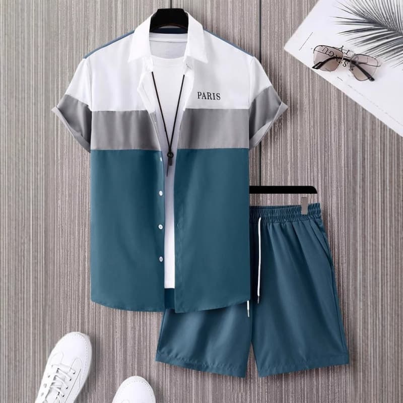 2025 Hot Selling Hawaii Vacation Shirt and Shorts Set Summer Trendy Striped Contrast Color 3D Print Set
