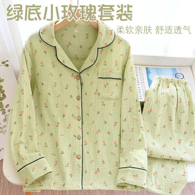 Factory Direct Crepe Cotton V-Neck Green Bottom Small Rose Long Sleeve Trousers Comfortable Breathable Home Wear Suit