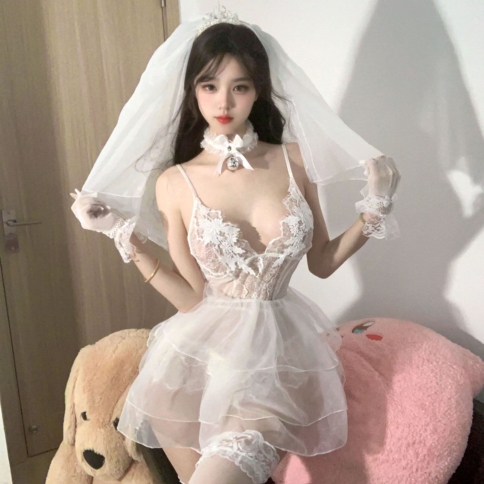 Guiyun Lingerie Lace Mesh See-Through Sexy Deep V Neck Tempting Low-Cut Bodysuit Women's Sleepwear Set