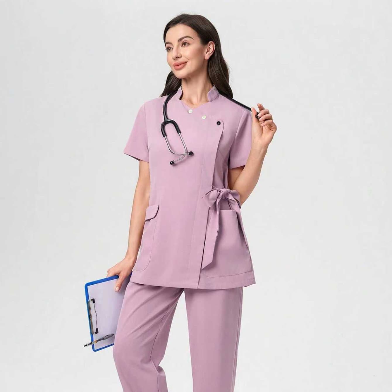 Pink Stand Collar Short-Sleeve Multi-Pocket Two-Piece Set for Spa & Beauty Salon Workwear