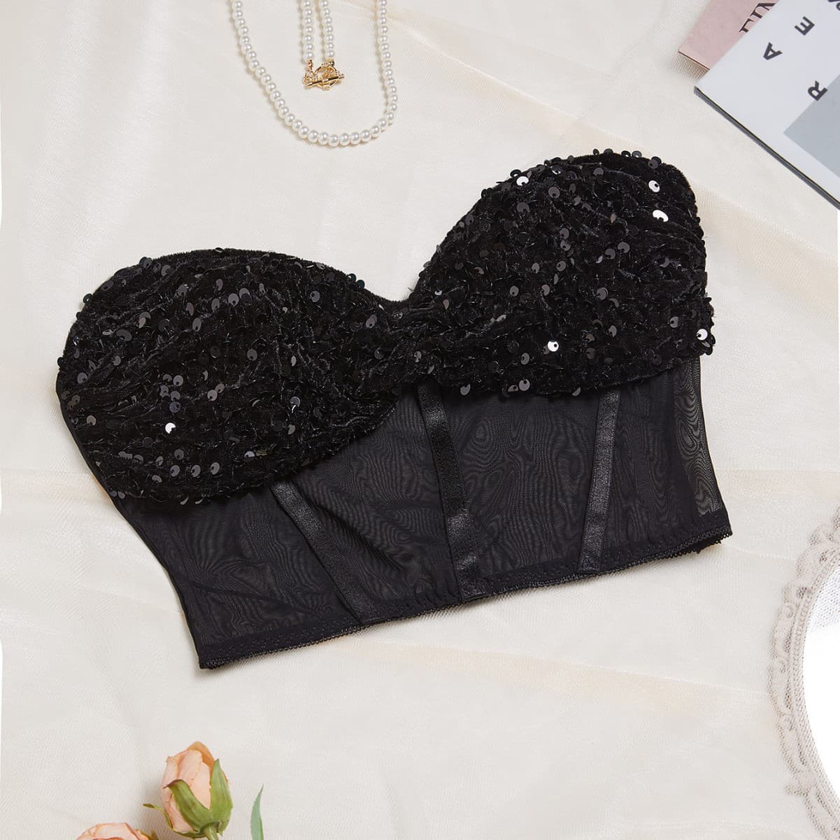 New European and American heavy sequin design top, sexy strapless inner or outer wear, lingerie bustier