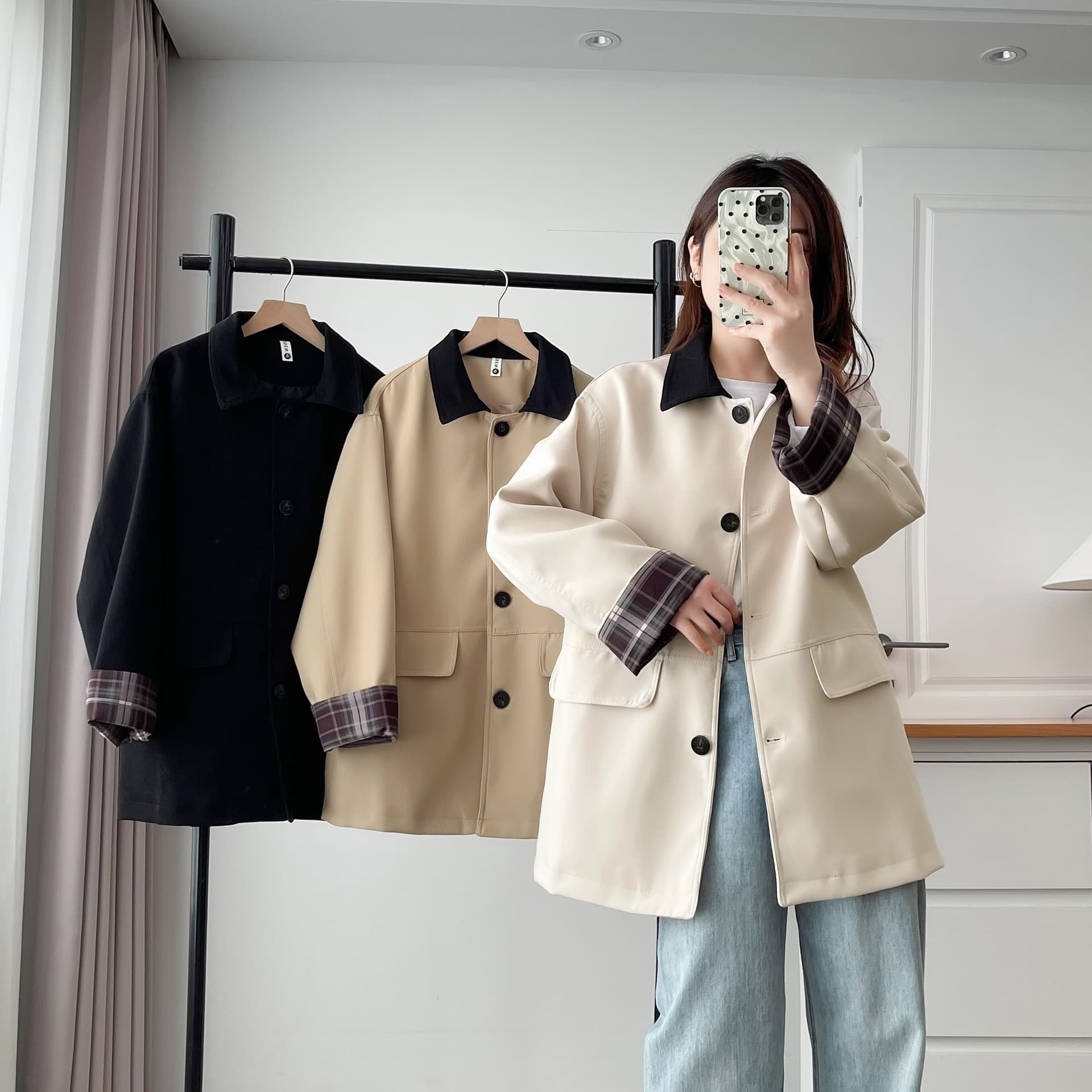 S83 plus-size women's wear autumn style fat mm loose versatile lapel plaid spliced mid-length trench coat 2562