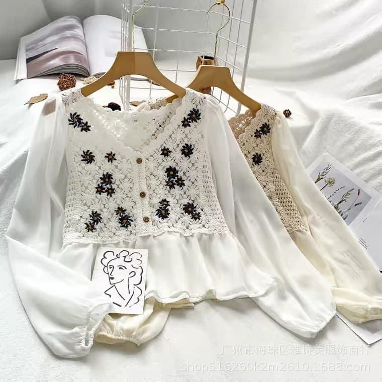 Spring/Fall New French Vintage Lace Crochet Chiffon Blouse for Women, Embroidered Hollow-Out Loose V-Neck Shirt, Chic Top
