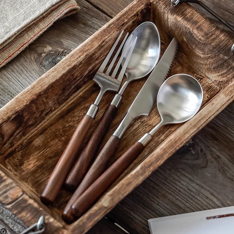Japanese Walnut 304 Stainless Steel Knife Fork Spoon Wooden Cutlery Set Natural Wood Cutlery Matte Finish Spoon