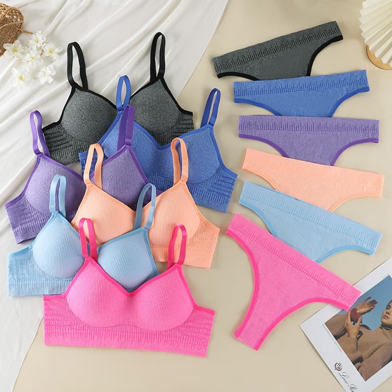 Cross-border Fixed Cup Bra Set for Women, Push-up, Anti-sag, High Elasticity, Breathable, Comfortable, Bikini Set