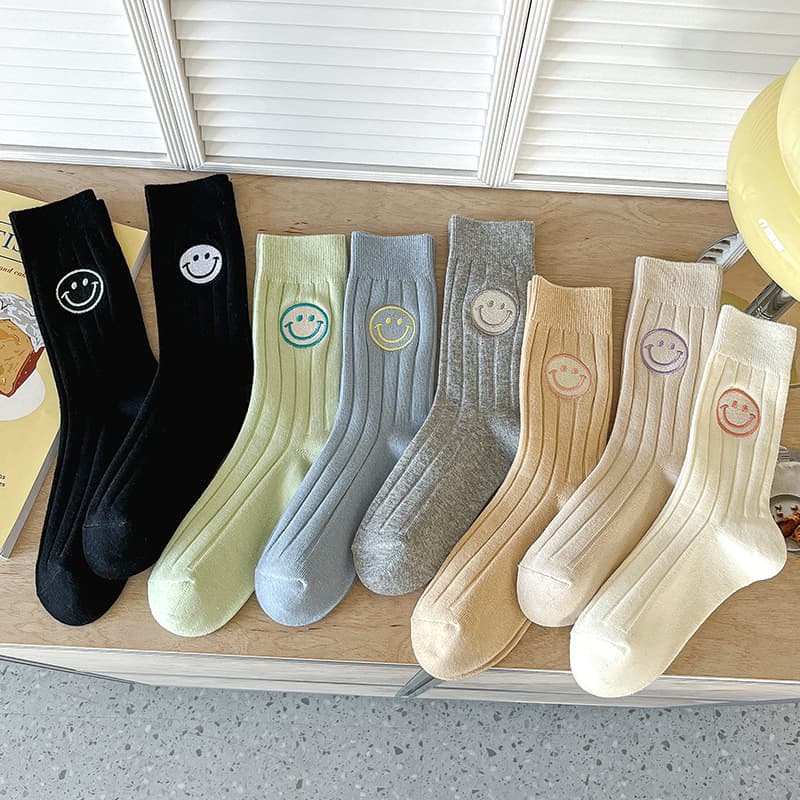 Women's Autumn Mid-Calf Socks, Ins Trendy Socks, Cute Smiley Face Embroidery, JK Socks, Student Socks, Wholesale