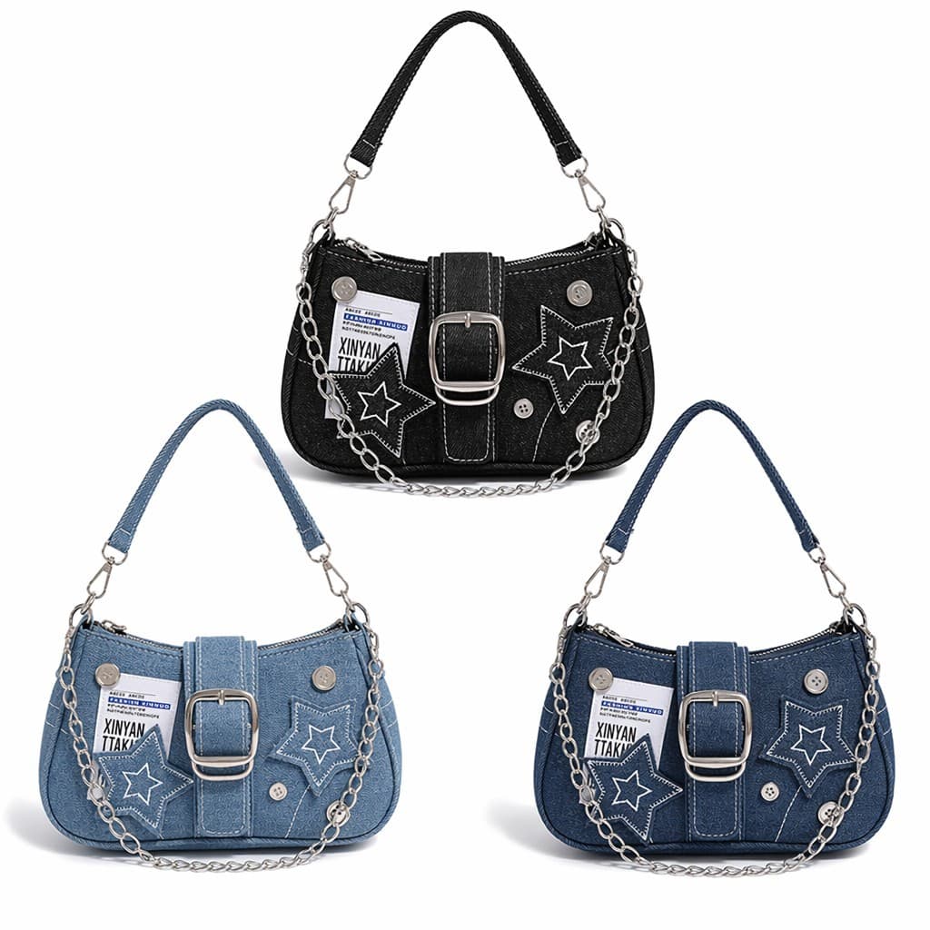 Y2K Millennium Star Denim Underarm Bag Trendy Women's Crossbody Bag Niche Crescent Canvas Bag Handbag Chain Bag