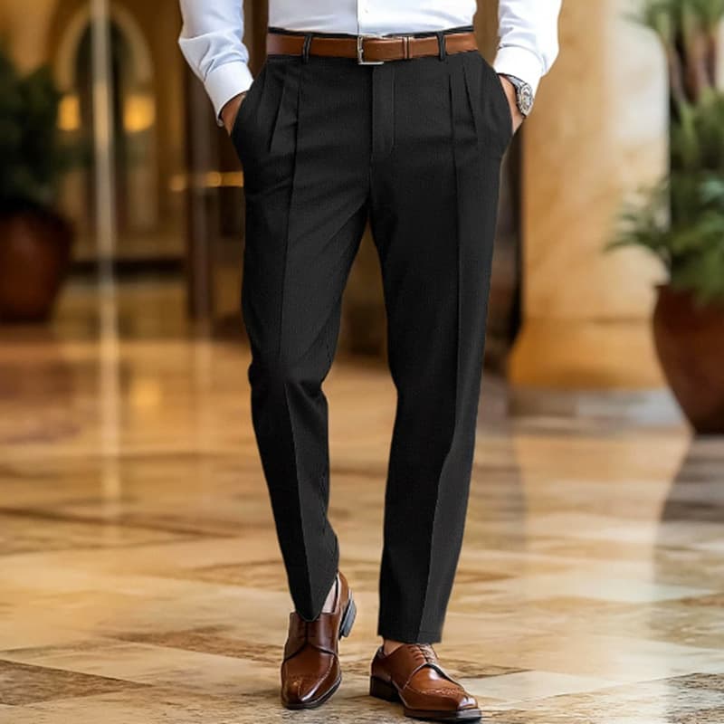 Men's Formal Business Fashion Slim Fit Solid Color Diagonal Pocket Double Pleated Straight-Leg Suit Pants