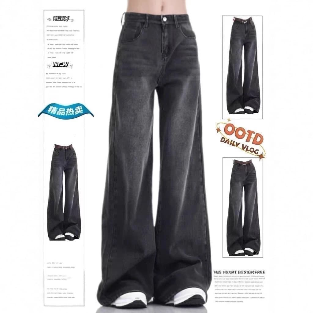 American black and gray wide-leg jeans for women, spring and summer new retro washed high-waisted loose drape floor-length straight pants