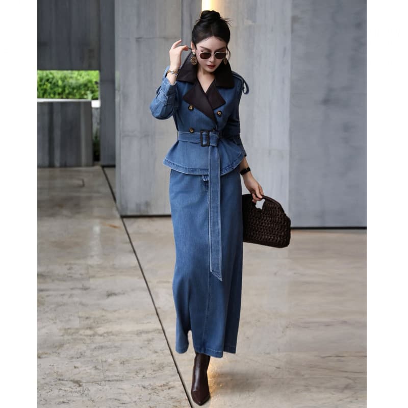 European Women's 2025 Fall Fashion PU Collar Denim Suit Skirt, Chic and Relaxed Two-Piece Set