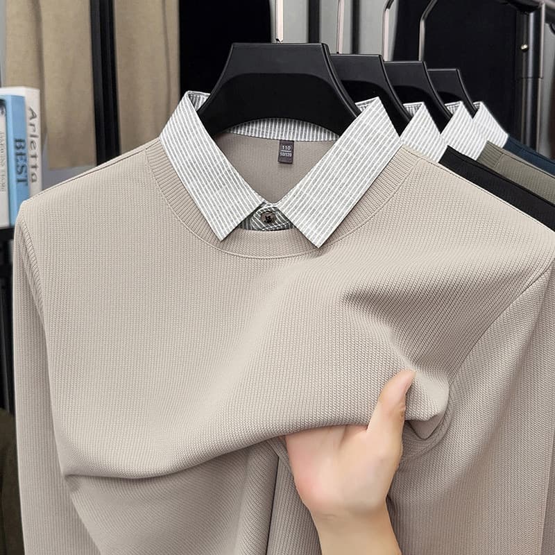 New cross-border men's faux two-piece sweater, thin, autumn and winter fashion shirt collar, solid color, plain design, long-sleeved knitwear for men.