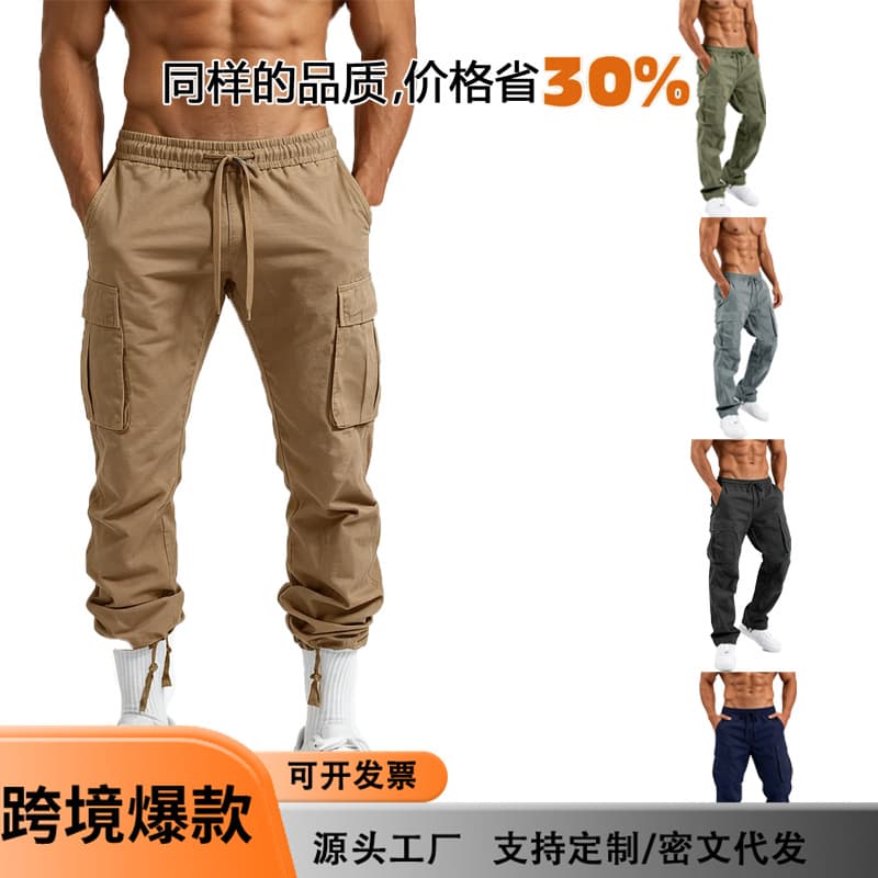 Overseas Trade American Retro Workwear Style Khaki Casual Pants for Men, Loose Straight-Leg with Large Pockets