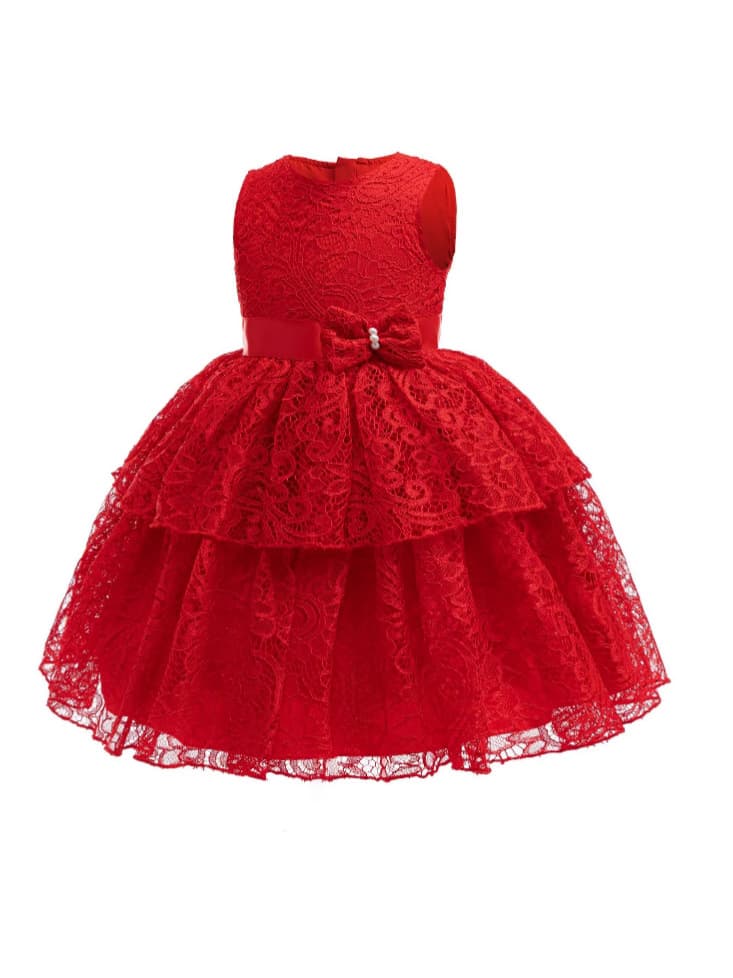Cross-border Trade Girls Dress Christmas Sleeveless Lace Dress Holiday Children Stage Host Red Dress