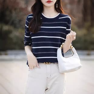 2026 Spring/Summer Pure Cotton New Color Block Striped T-Shirt Women Round Neck Pullover Jacquard Women's Five-Quarter Sleeve Short Sleeve Knitwear