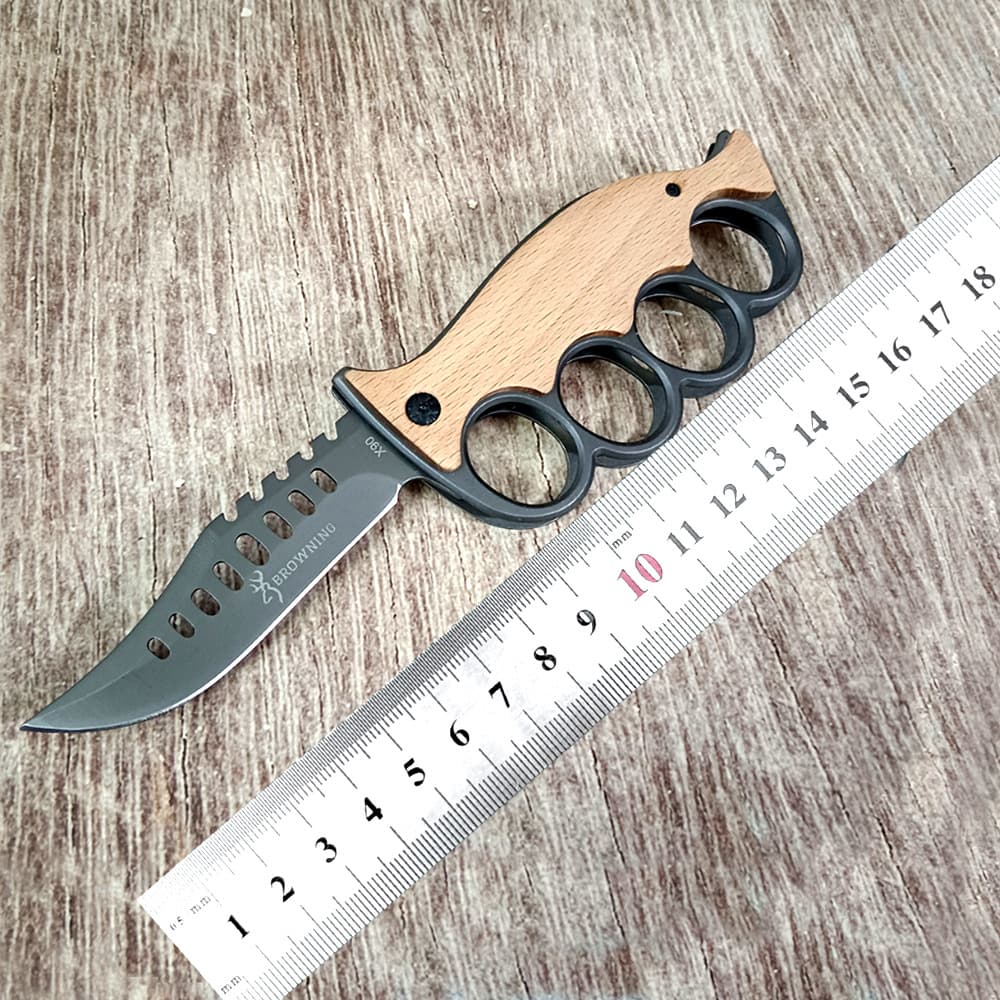 Outdoor Survival Knife with Four-Finger Knuckle Ring, High Hardness Sharp Stainless Steel Blade, Solid Wood Handle, Sharp Utility Knife