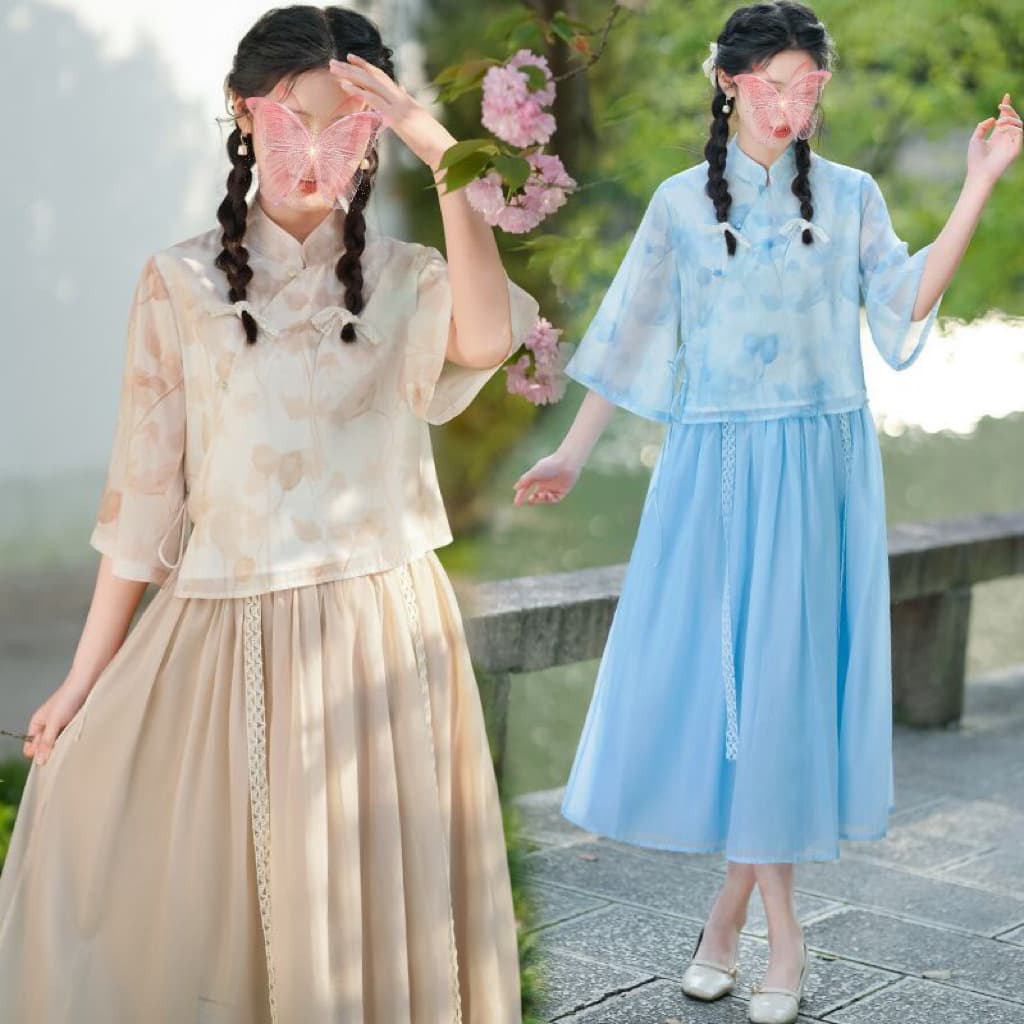 Chinese Hanfu Set 2023 Summer New Printed Modified Hanfu Chinese Retro Artistic Casual Set