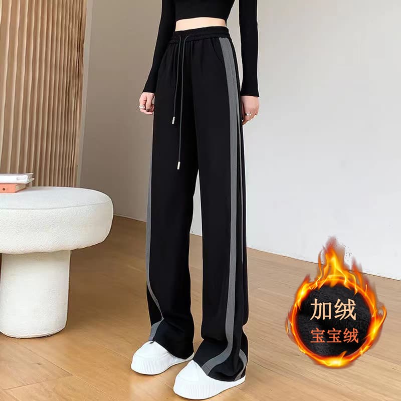 Women's 2025 new velvet and thickened wide-leg pants, loose slimming casual trousers, black straight-leg sports pants