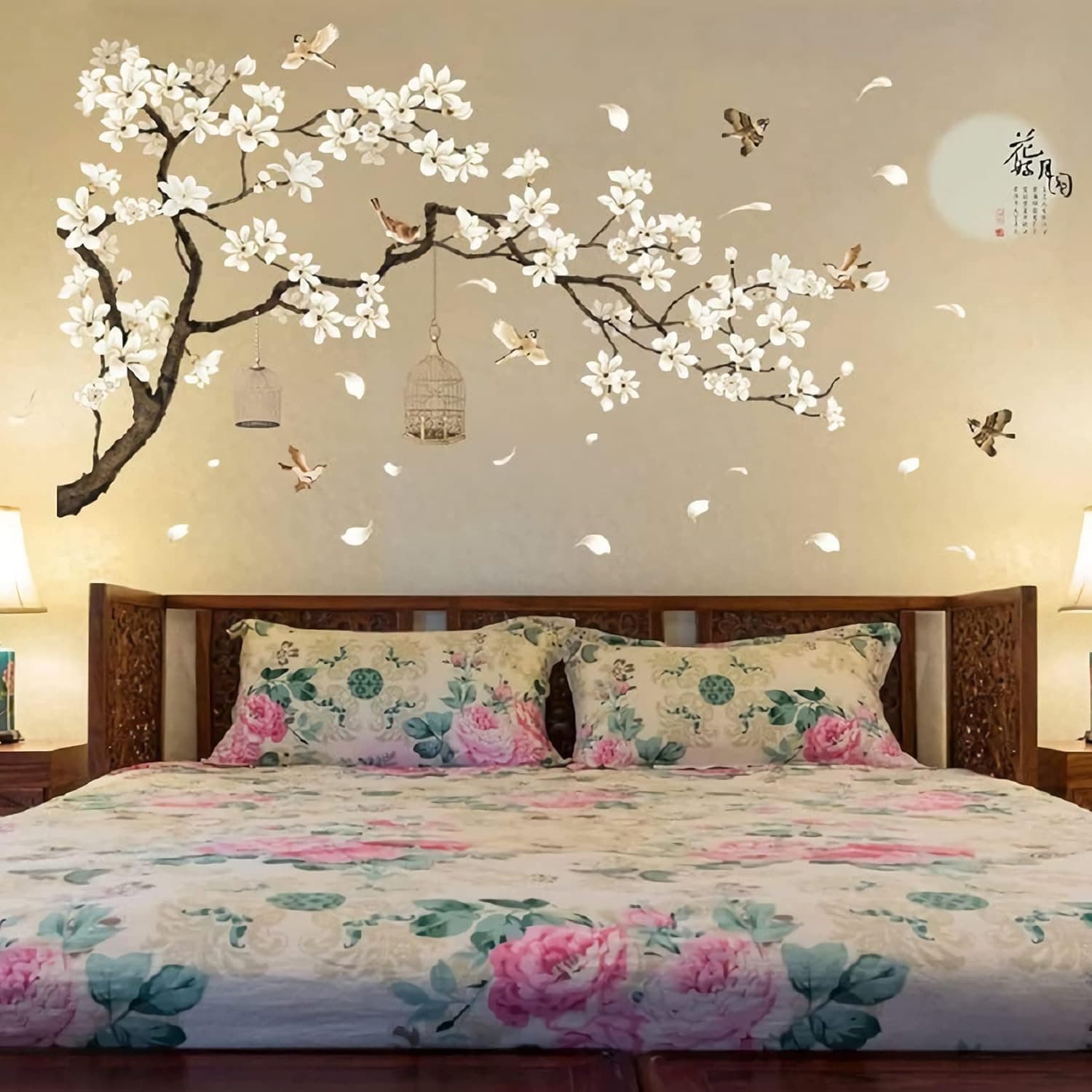 New Chinese Style Magnolia Bird Wall Decal for Living Room Sofa Background Wall Decoration, Self-Adhesive, Waterproof, Removable Wall Sticker Wholesale