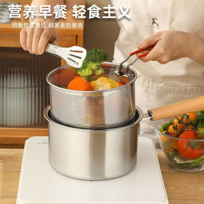 Stainless steel deep fryer baby food supplement small milk pot household small fryer with lid and frying basket kitchen multi-functional fryer