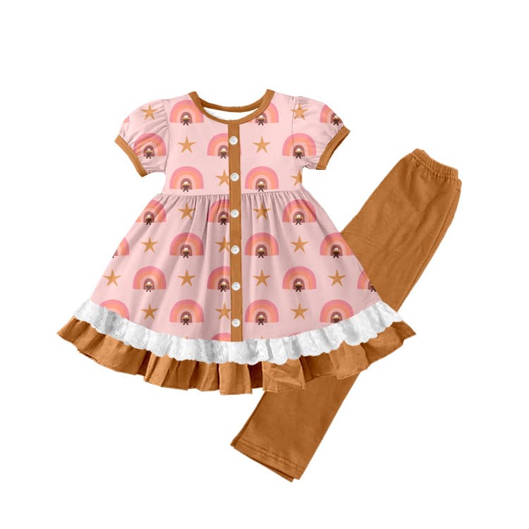 Cross-border wholesale custom summer two-piece set with large skirt printed dress and solid-color pants design