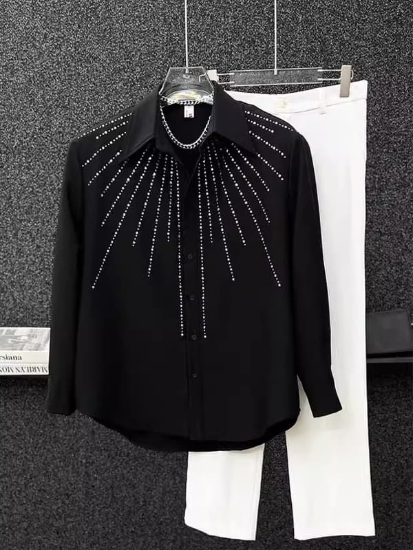 Korean Style Trendy Rhinestone Design Shirt with Shoulder Pads Spring New Men's Casual Shirt Loose Fit Men's Loose Shirt