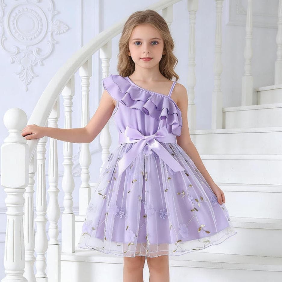 068 Cross-border Fashion INS Ruffled Off-shoulder Strap Dress for Girls, Crafted Mesh, One-piece Drop Shipping