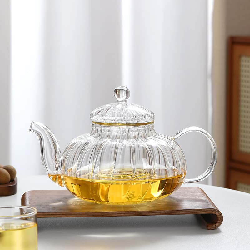 Floral Pattern Tea Pot, Simple Pumpkin Shape, High-Temperature Resistant Filter Tea Pot, High Borosilicate Glass, Elegant Design, Thickened Tea Pot