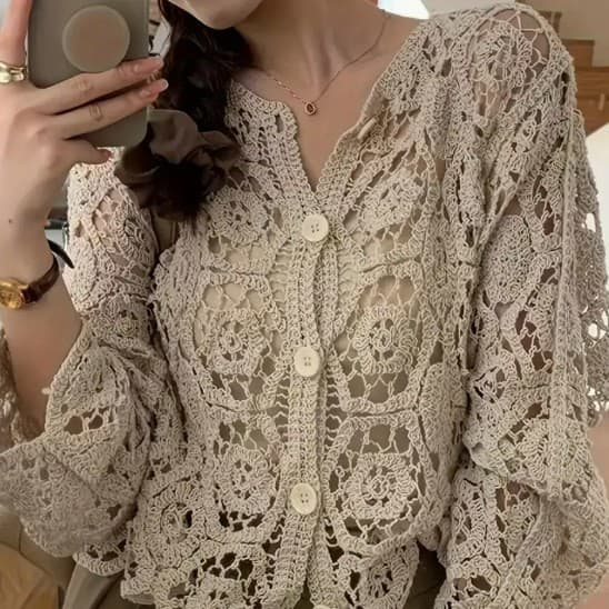 Women's Hollow Knit Cardigan Jacket, Elegant Sweet Beach Vacation Cover-Up, Cross-Border Bestseller in Europe, America, and Asia
