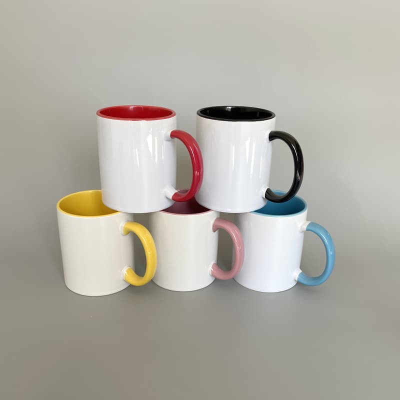 White Interior Ceramic Mug with Color Handle, Color Handle Heat Transfer Coated Mug, 11oz Sublimation Mug with Color Handle