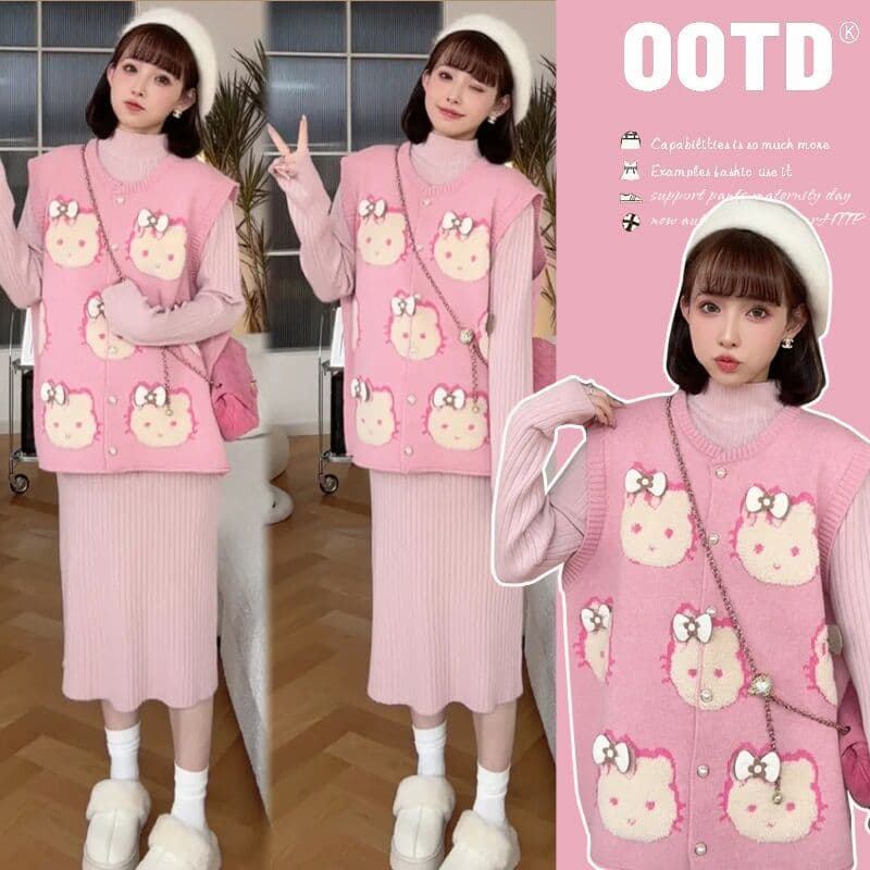 New Autumn/Winter Maternity Sweater Set Cute Cat Cartoon Vest + Knit Sweater Nursing Two-Piece Set