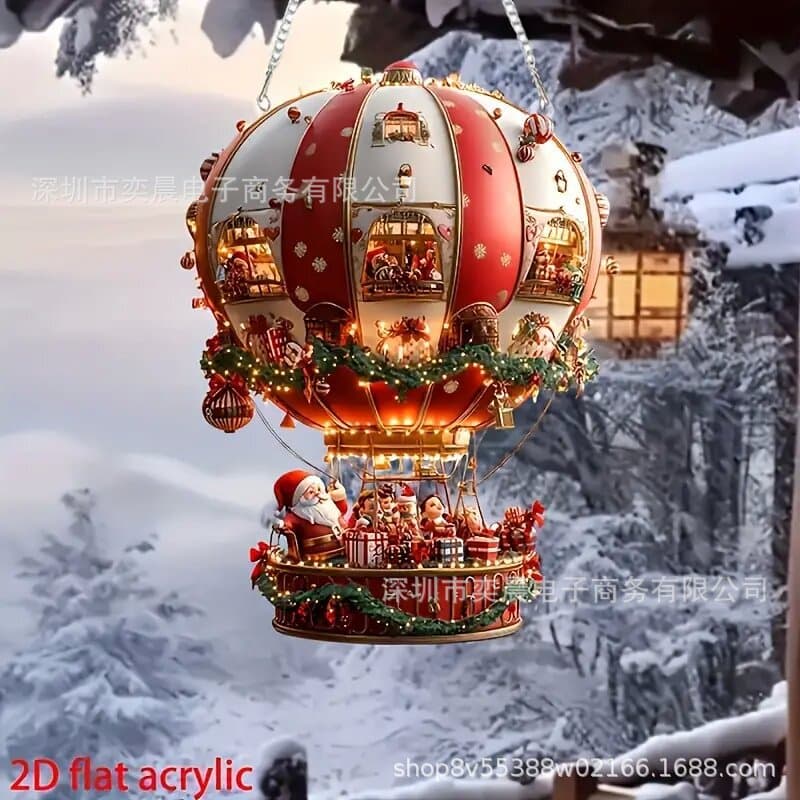 Christmas Hot Air Balloon Santa Claus Acrylic Hanging Ornament, Bedroom and Living Room Wall Decor