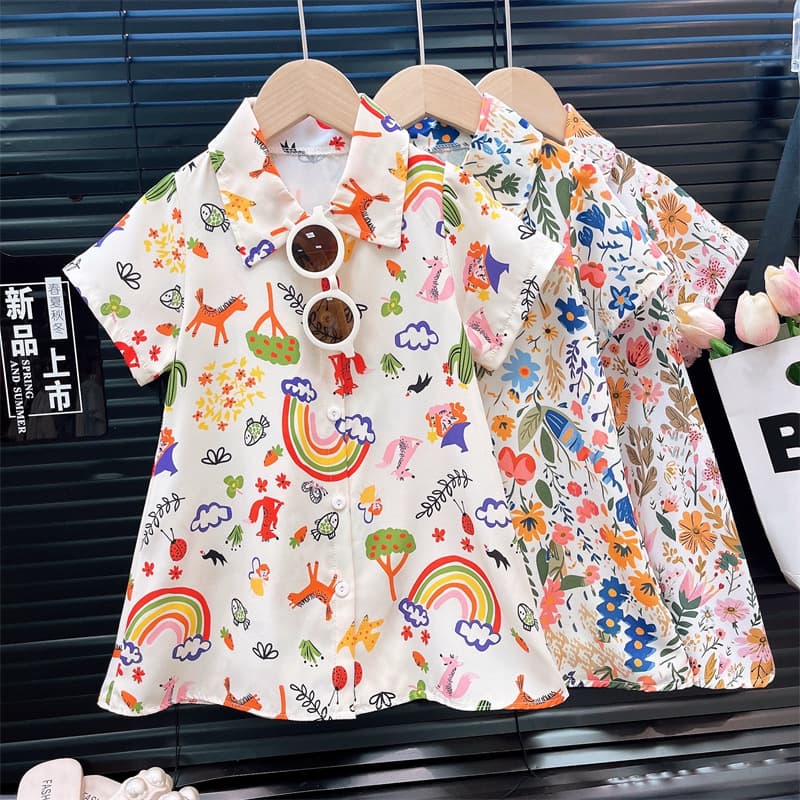 Girls' Short Sleeve Shirt Dress, Summer New Fashionable Baby Cardigan, Children's Dress Summer Style