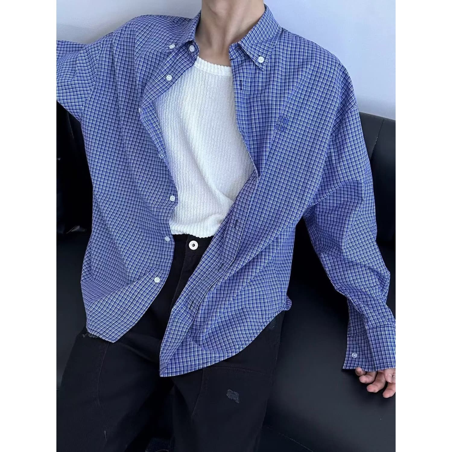 American retro lazy high-end blue plaid long-sleeved shirt for men and women loose and versatile casual embroidered shirt trend