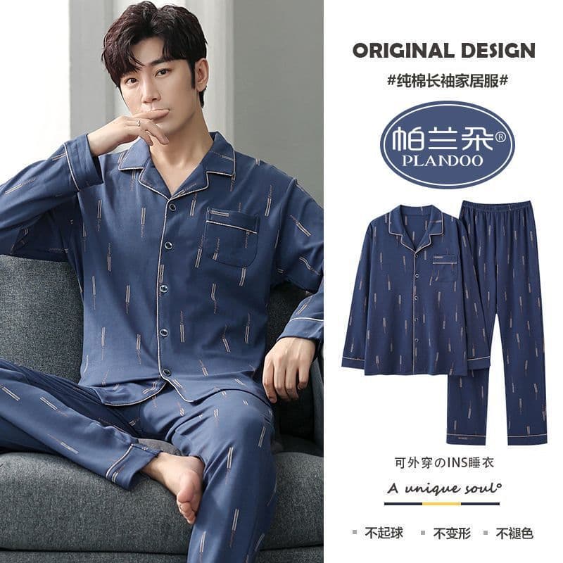 2024 Cotton Pajama Set for Men Spring Autumn New Long Sleeve Loose Fit Plus Size Home Wear