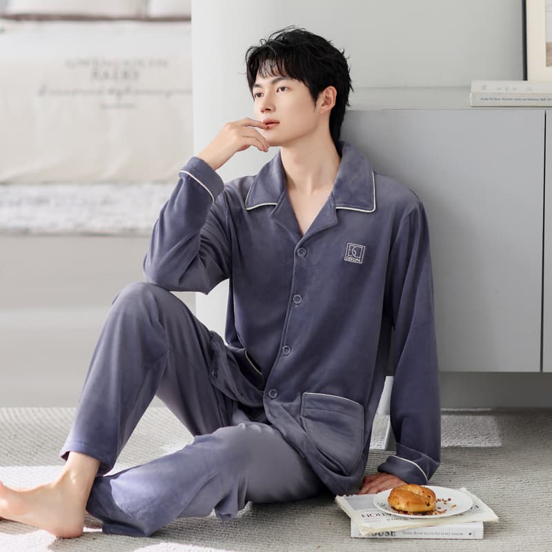 Island Velvet Pajamas for Men, Winter Lightweight Fleece Thermal Coral Fleece Homewear, Youth Wearable Outside Flannel Pajamas
