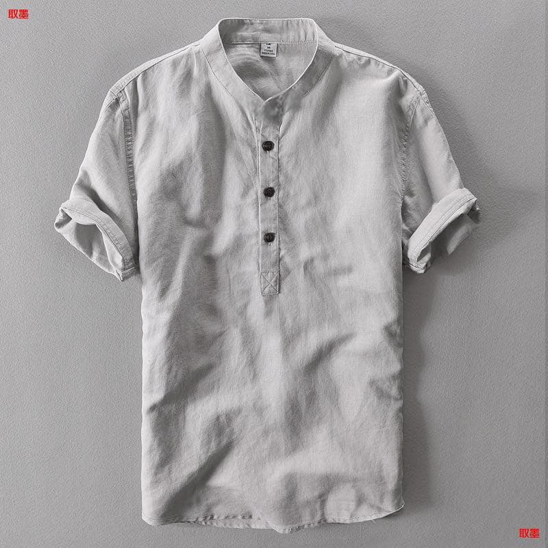 Summer Lightweight Men's Linen Short Sleeve T-Shirt, Vintage Stand Collar Cotton Linen Shirt, Casual Loose Half Sleeve Top, Trendy