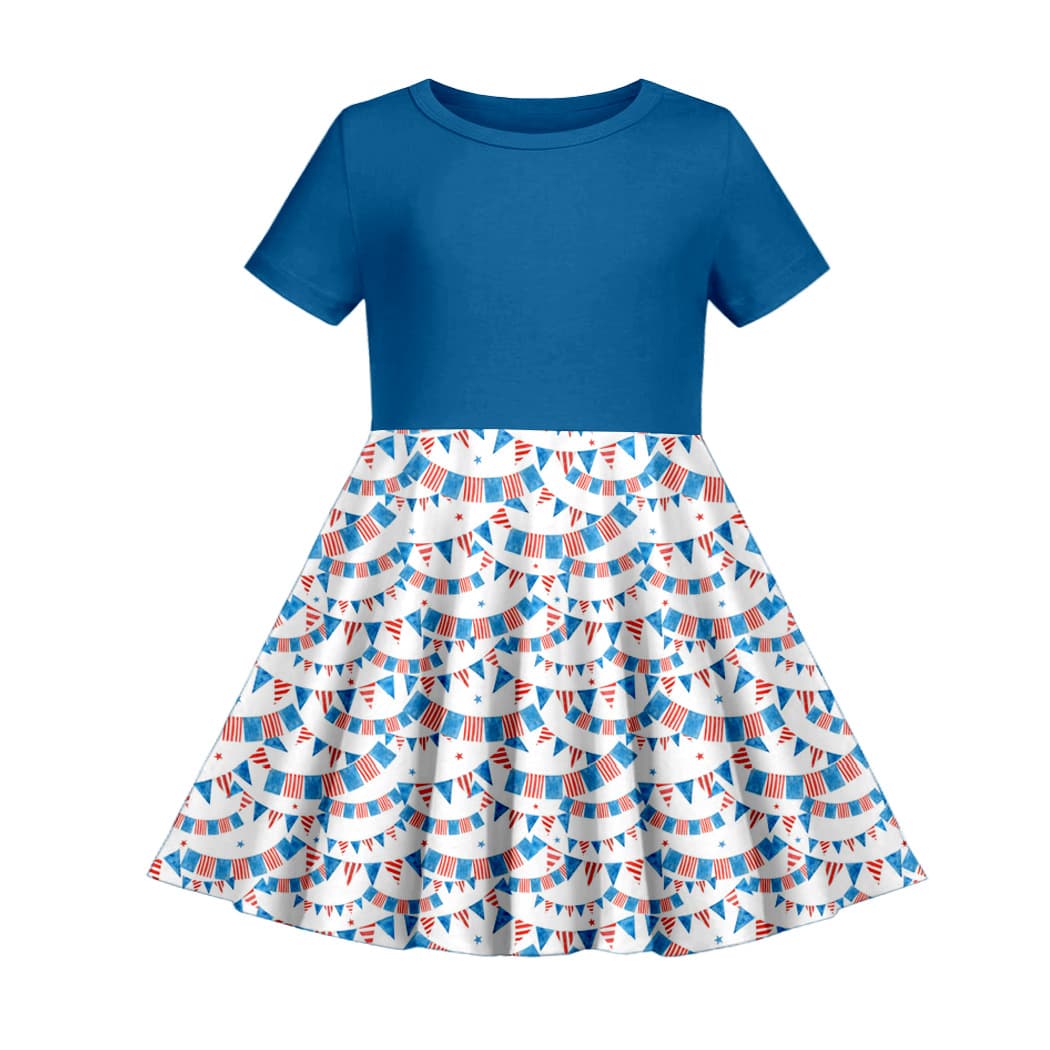 Cross-border wholesale custom girls' summer dress with solid color + print patchwork design