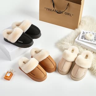 Keke Thickened Cotton Slippers for Women, Anti-Slip Warm Outdoor Home Winter Indoor House Furry Slippers