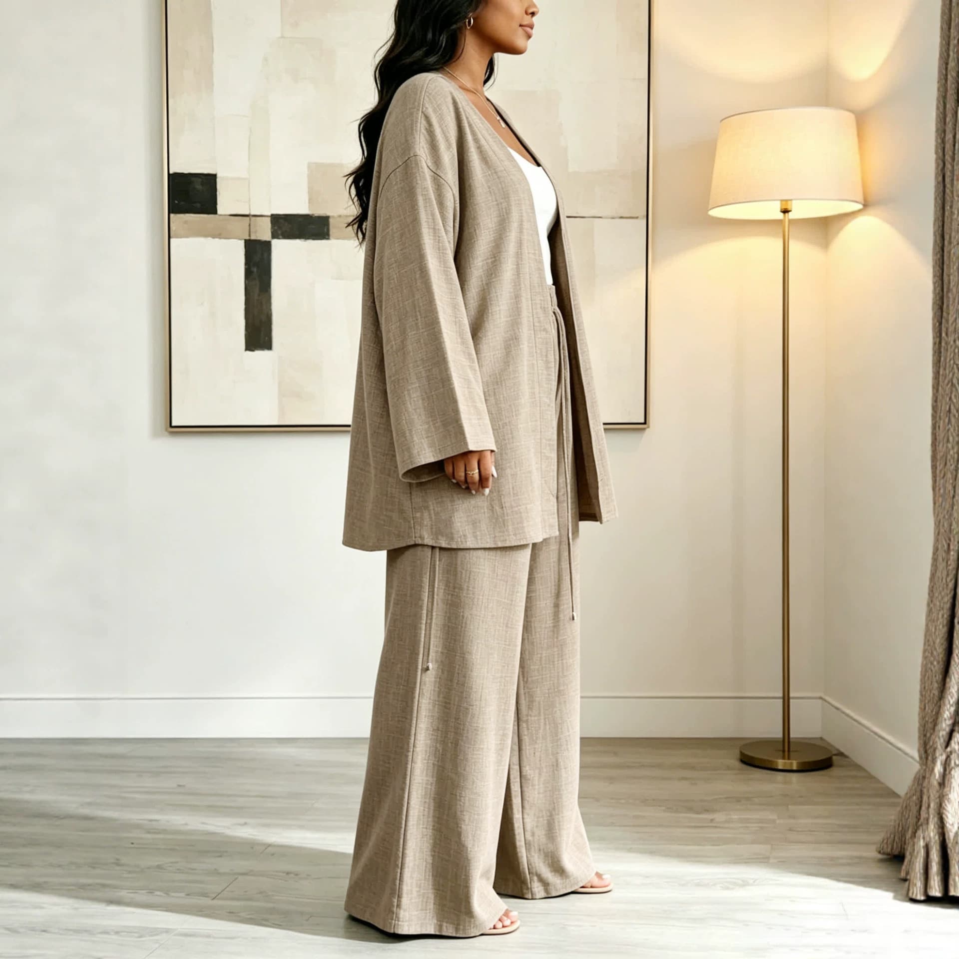 Cross-border Plus Size Solid Cotton Linen Set Loose Flared Sleeve Cardigan High-Waist Flowing Wide-Leg Pants Commuter Women's Clothing In Stock